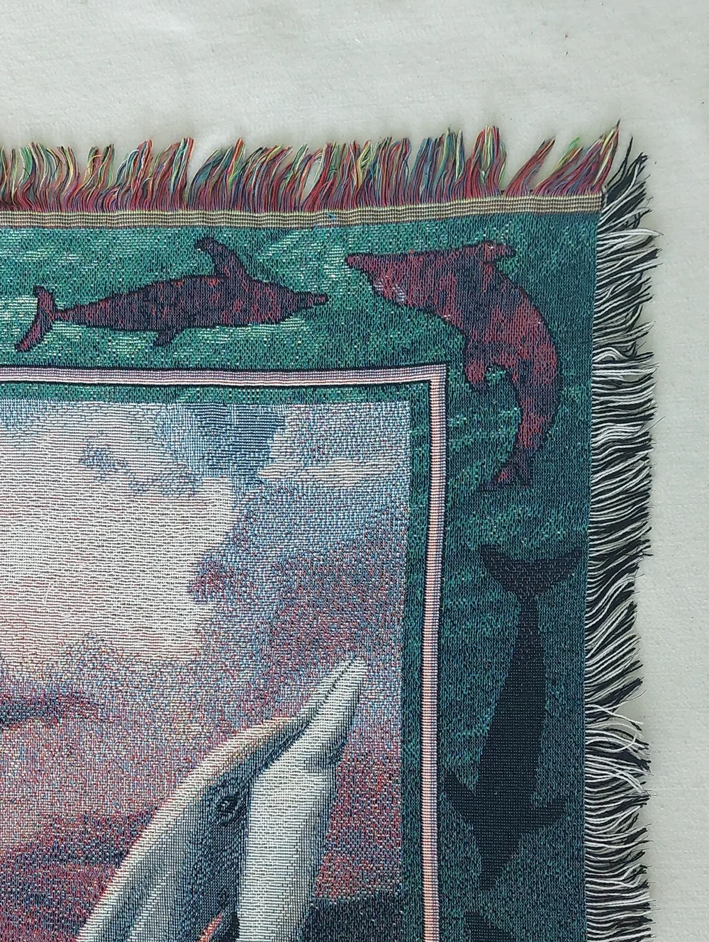 AMERICAN WEAVERS Woven Dolphin Afghan Fringe Tapestry Throw Blanket NWOT